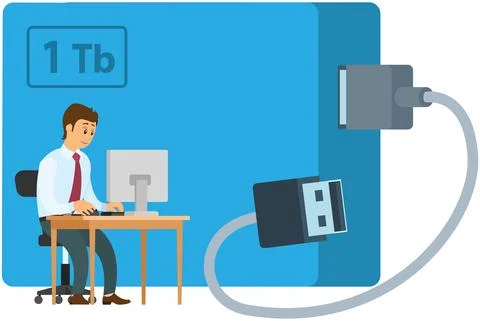 Man at workplace in office near flash drive device, data storage. Character Stock Illustration