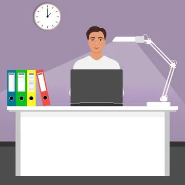 Man at workplace working working at a laptop in the light of a table lamp. De Stock Illustration