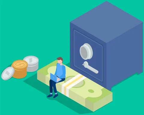Man works on computer in banking sector. Money, bills and safe storage vector Stock Illustration