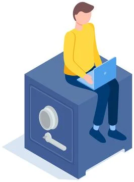 Man works on computer in banking sector. Businessman sitting on safe with laptop 스톡 일러스트