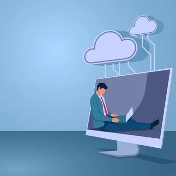 A man works in a computer connected to cloud storage, illustration for clou.. Stock Illustration