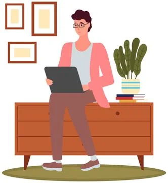 Man works with computer correspondence surfing Internet. Male character Stock Illustration
