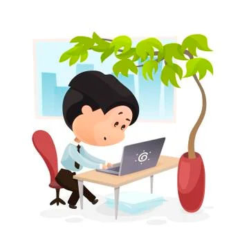 A man works at the computer, flat cartoon vector Stock Illustration