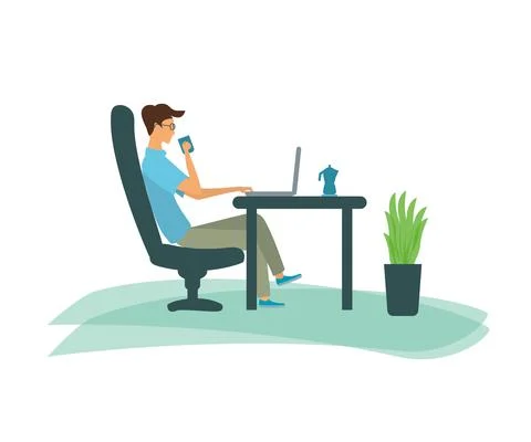 A man works at a computer at home or in an office and drinks coffee. Distance Stock Illustration
