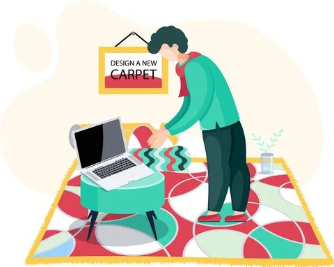 Man works with computer in room interior with geometric pattern rug, engaged in Stock-Illustration