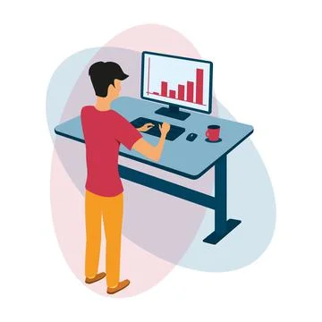 A man works at a computer while standing. Stand-up work Illustrazione stock