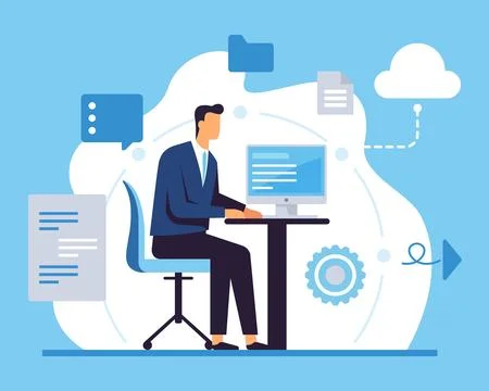 A man works at computers. multitasking manager in the office. Stock Illustration