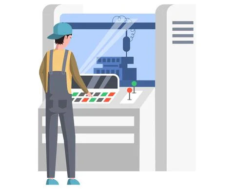 Man works with control panel of equipment, industrial printer. Employee controls 스톡 일러스트