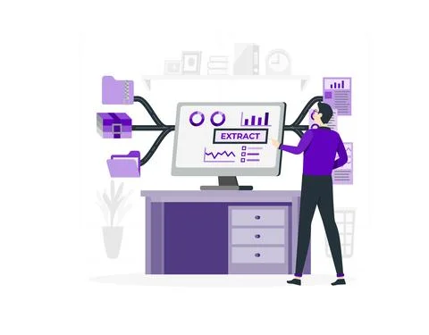 Man works on data extraction flat design Stock Illustration