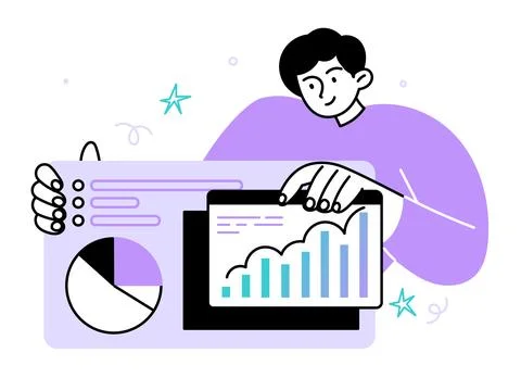 Man works with data, prepares a presentation 스톡 일러스트