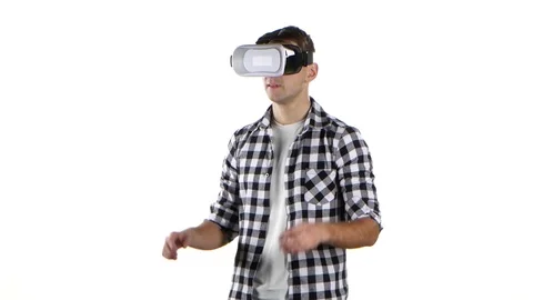 Man works with files in virtual reality glasses. Hand movement Stock Footage