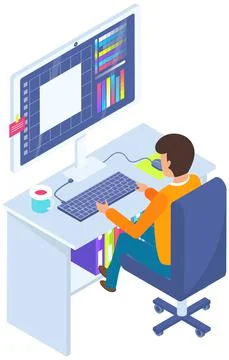 Man works in graphics editor program for painting. Image editing application on Stock Illustration