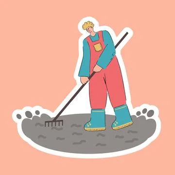A man works the ground with a rake. Sticker. Agricultural autumn work Stock Illustration