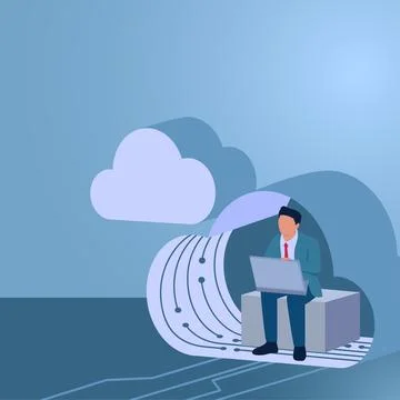 A man works with a laptop in cloud storage, illustration for cloud computing. Stock Illustration