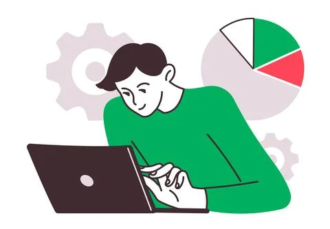 Man works with laptop computer analyzing statistical data conducting research Illustrazione stock