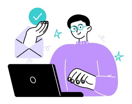 Man works with a laptop computer Illustrazione stock