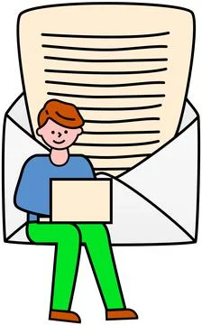 Man works with laptop at envelope with document. Mailing, communication via mail Stock Illustration