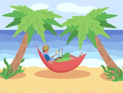 A man works at a laptop while lying in a hammock on the beach, among the palm Stock Illustration
