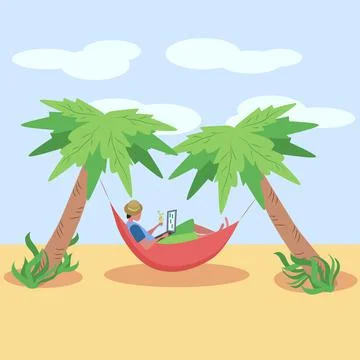 A man works at a laptop while lying in a hammock on the beach, among the palm Stock Illustration