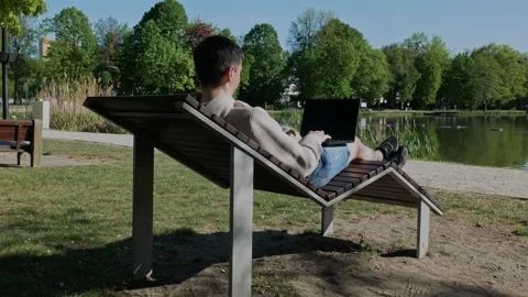 A man works on a laptop while sitting on a lounge chair by the lake. Stock Footage 308398602
