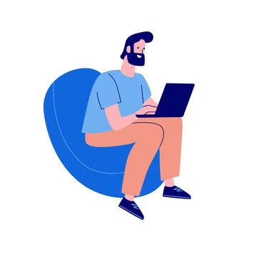 A man works at a laptop while sitting in a chair. Freelancer. Vector Stock Illustration