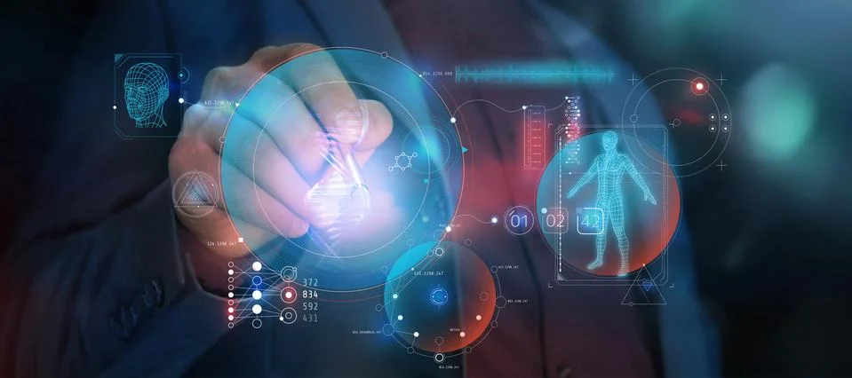 A man works with medical data in augmented reality. Stockillustratie