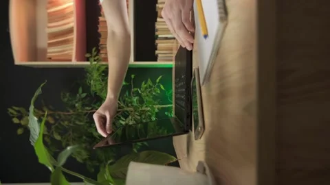 A man works in an office at a computer there are a lot of plants in the office Stock Footage 264882991