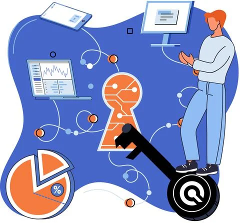 Man works with personal data protection. Key in keyhole as security system Stock Illustration