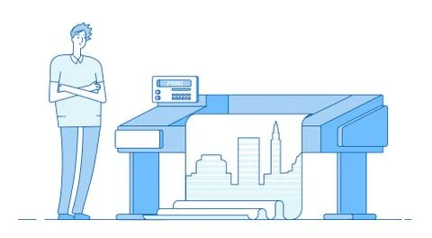 Man works with plotter. Printing wide format large banner. Print office Ilustración de archivo