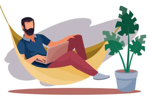 A man works remotely on a computer, lies in a hammock, coziness, comfort Stock Illustration