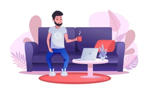 A man works remotely, sitting on the sofa and drinking a cup of tea or coffee Stock Illustration
