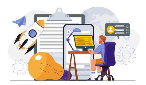 Man works on start up. Young guy sits at computer near rocket. Businessman Stock Illustration