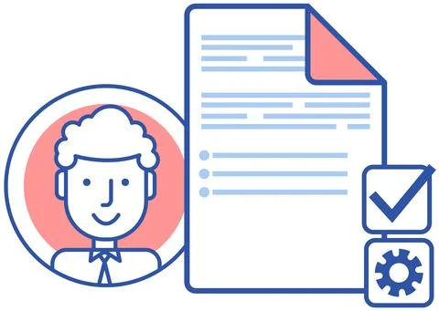 Man works with statistics and data analysis documents. Digital papework near Illustrazione stock