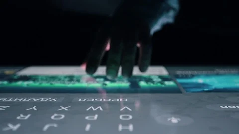 Man works on touch screen interactive table. Computer animated screens. Stock Footage 105995833