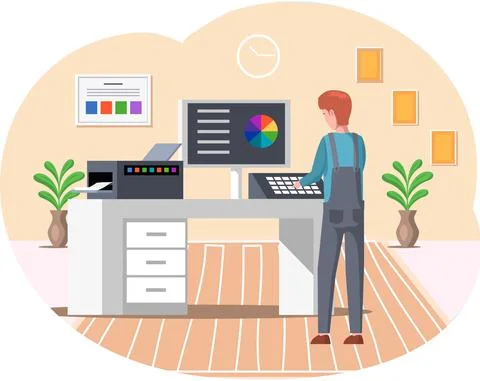 Man works with typography computer system. Employee working with equipment Stockillustratie