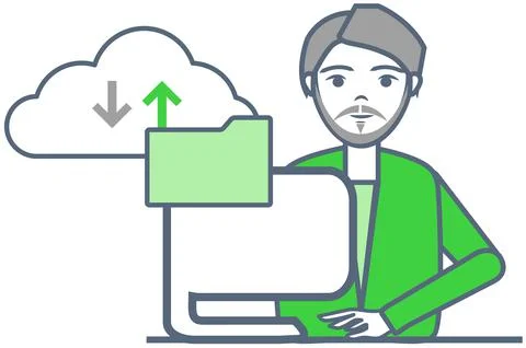 Man works with virtual cloud storage via Internet. Guy using program for saving 스톡 일러스트