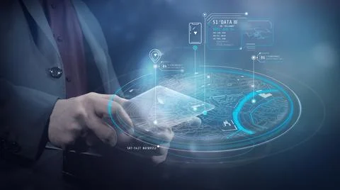 A man works with a virtual map through a tablet. Stock Illustration