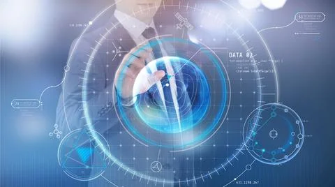 A man works with a virtual panel of the future. Illustrazione stock