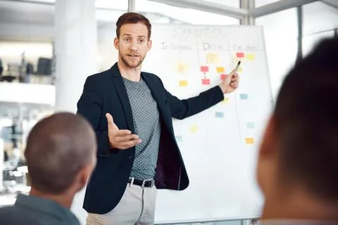 Man, workshop and sticky notes on whiteboard for planning, timeline and employee Stock Photos