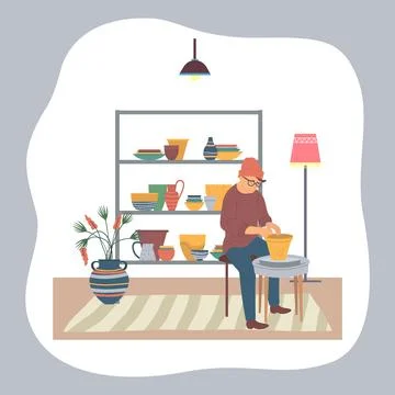 Man in workshop, master making clay pots, working in studio, collection of Stock Illustration