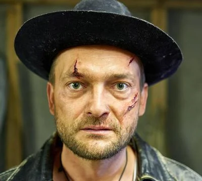 A man with wounds in the hat Stock Photos