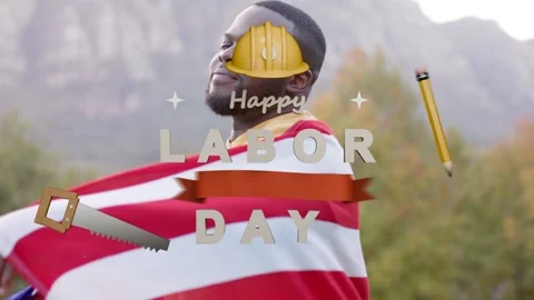 Man wrapping US flag and facing camera in mountains as animated tools honoring Stock Footage 340674885