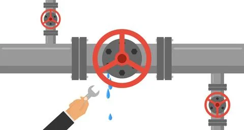 A man with a wrench eliminates the leak in the pipe. The hand holds Stock Illustration