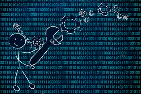 Man with wrench setting up binary code, information technology professions 库存插图