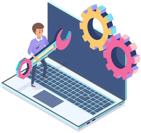 Man with wrench working with settigns program on laptop. Operating system Illustrazione stock