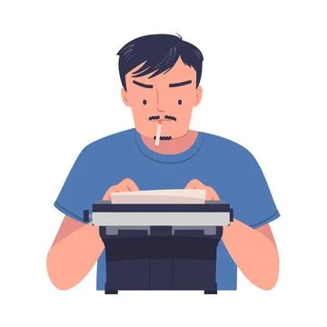 Man Writer Character at Typewriter with Cigarette Writing Book Engaged in Illustrazione stock