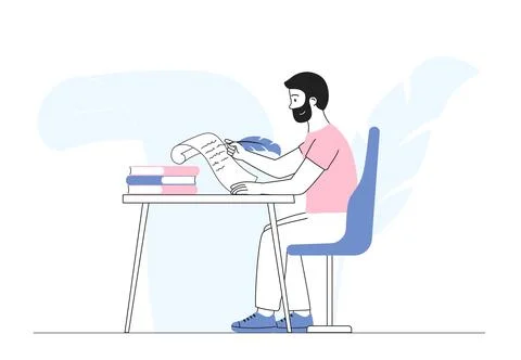 Man writer at desk. Young guy sits with piece of paper and pen. Creative person Stock Illustration