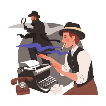 Man Writer in Hat with Cigarette at Typewriter Engaged in Writing Process Illustrazione stock