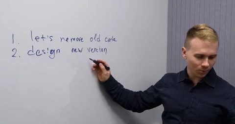 A man writes on the board plans for the day for employees and colleagues Stock Footage 274094323