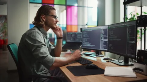 Man Writes Code On Computer In Office Stock Footage 223191291